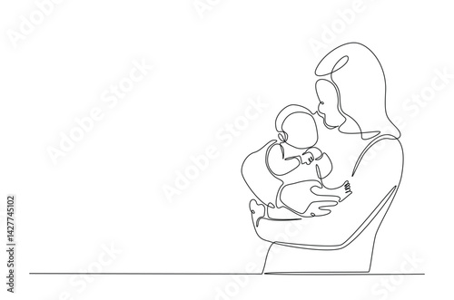 Happy mother and baby in continuous one line drawing. Single line art illustration of mother and child. Editable vector.