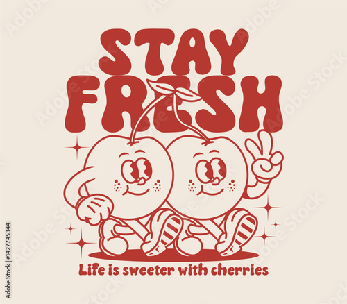Stay Fresh slogan with a retro cherry cartoon character perfect for print design, t shirts, posters, stickers, apparel, and more