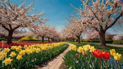 Wallpaper Mural Spring Garden Path with Tulips and Cherry Blossoms in Full Bloom Torontodigital.ca
