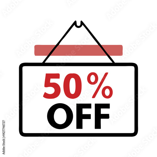 50 percent off hanging sign icon in red and black lines