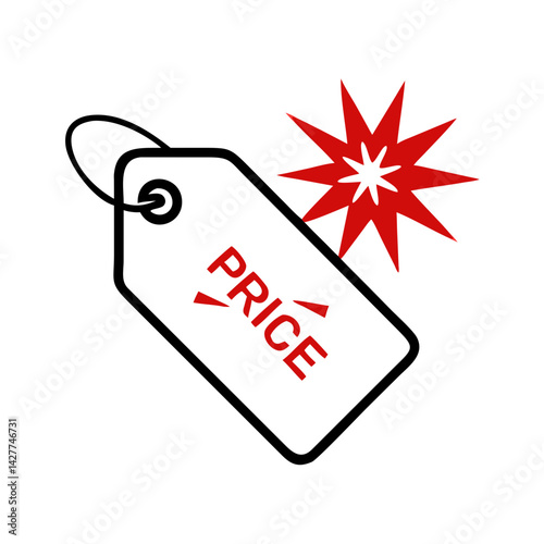 Price tag with red starburst and sale label in outline style