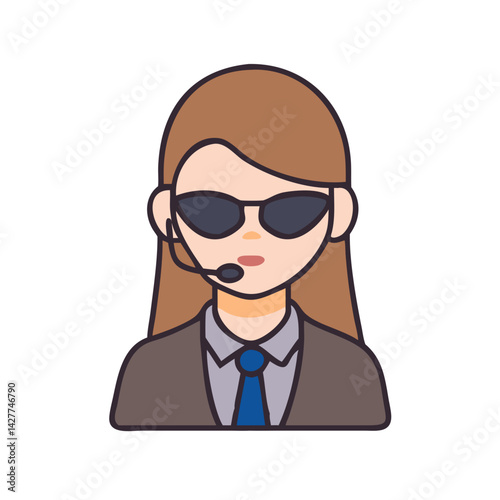 Cartoon woman with sunglasses and headset in suit icon