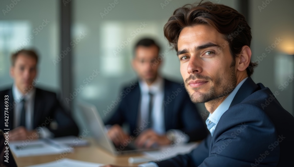 Smiling businessman working on laptop computer in the office