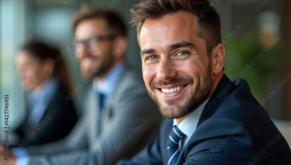 Smiling businessman working on laptop computer in the office