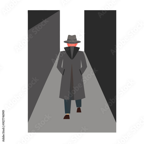 Mysterious man in trench coat and fedora walking in alley