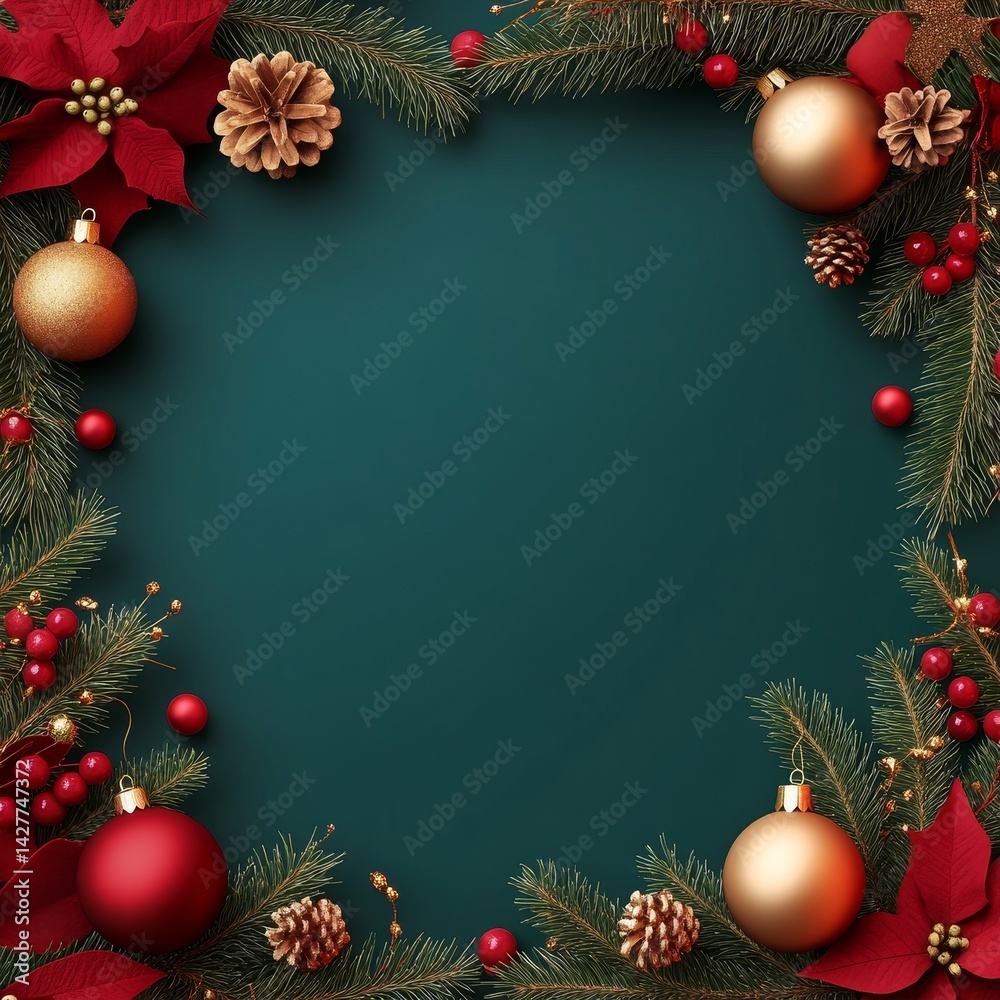 Square Christmas Frame Red and Gold Ornaments, Pine, Poinsettia, Teal Background, Festive Holiday Design, Christmas Decor Christmas, Holiday