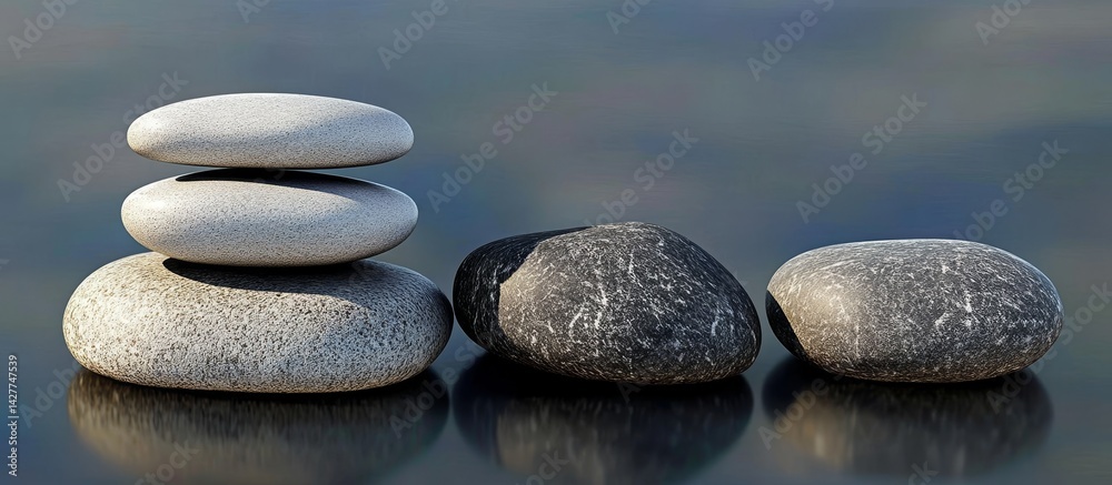 Stacked Stones 3D Rendered Zen Rock Composition, Balance, Serenity, Gray and White Pebbles Zen, Balance