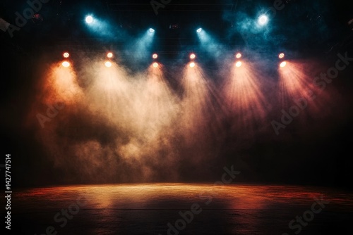 Obraz na płótnie Stage Lighting Design Warm and Cool Hues, Smoky Atmosphere, 8 Spotlights, Concert Background Stage design, concert lighting w salonie