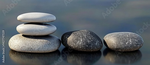 Obraz na płótnie Stacked Stones 3D Rendered Zen Rock Composition, Balance, Serenity, Gray and White Pebbles Zen, Balance w salonie