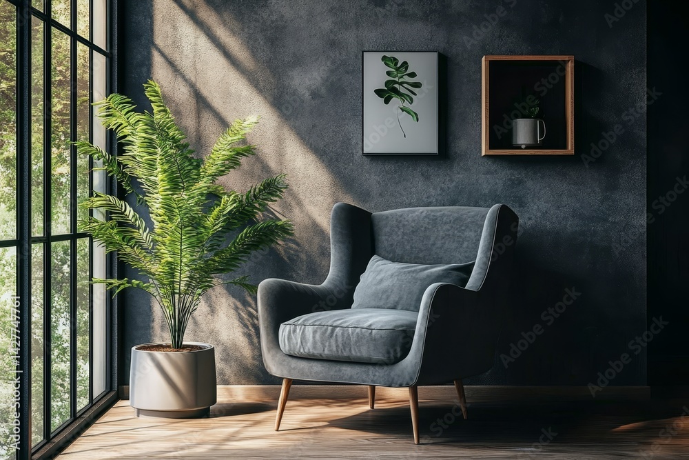 Sunlit Armchair and Greenery Dark Room Interior Design, Armchair, Plant, Wall Decor, 3D Render Interior Design, 3D Render