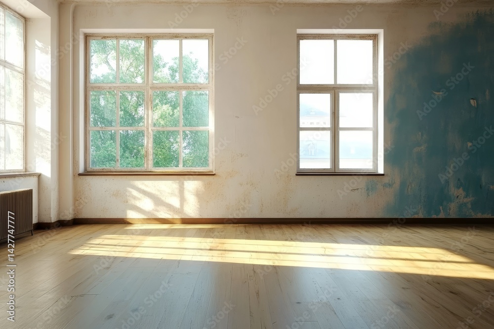 Sunlit Empty Room Wooden Floor, Large Windows, Renovation Concept, 3D Render, Interior Design empty room, interior design
