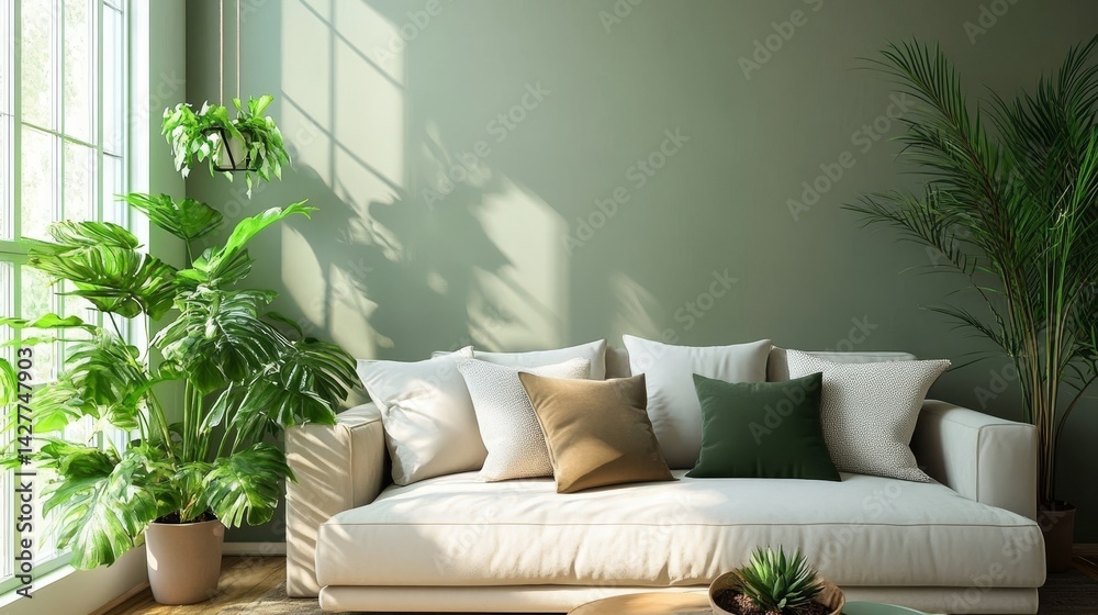 Sunlit Green Living Room Sofa, Plants, Natural Light, Interior Design, Cozy, Minimalist Interior Design, Home Decor