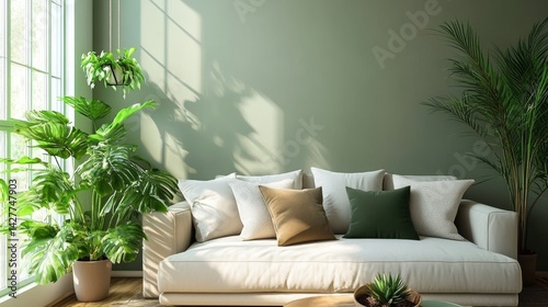 Obraz na płótnie Sunlit Green Living Room Sofa, Plants, Natural Light, Interior Design, Cozy, Minimalist Interior Design, Home Decor w salonie