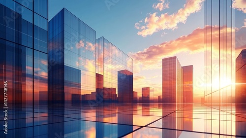 Obraz na płótnie Sunset Metropolis Glass Skyscrapers Reflecting Golden Hour, Cityscape Architecture, 3D Render, Urban Development skyscraper, cityscape w salonie
