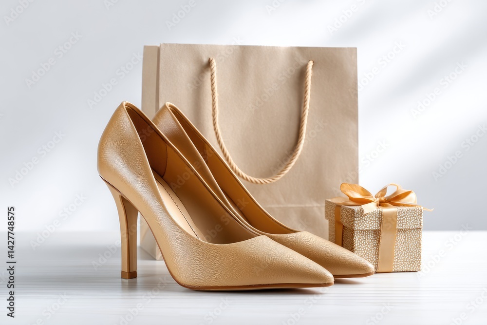 Obraz premium Beige high heels presented with gift bag and box.