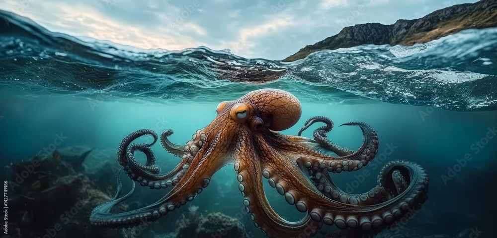 Underwater Octopus Split Composition, Dramatic Lighting, Ocean Depth Concept, Octopus, Marine Life Octopus, Underwater Photography