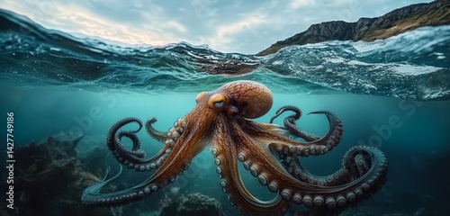 Obraz na płótnie Underwater Octopus Split Composition, Dramatic Lighting, Ocean Depth Concept, Octopus, Marine Life Octopus, Underwater Photography w salonie