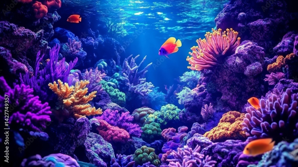 Vibrant Coral Reef Aquarium Underwater Scene Composition, Digital Art, Fish, Coral, Ocean, Reefscape, Marine Life Reef tank