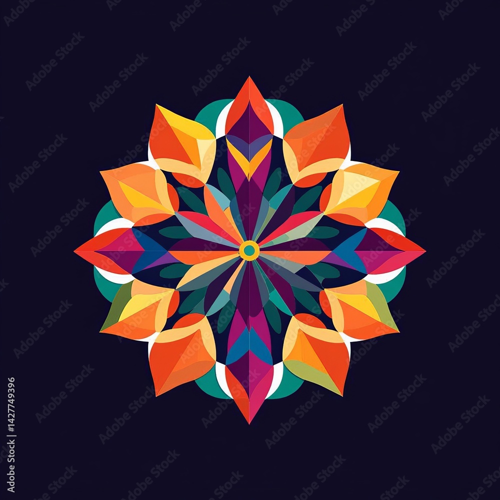 Vibrant Mandala Geometric Floral Design, Colorful Illustration, Symmetrical Composition, Mandala Art Mandala, Art