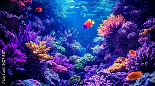 Obraz na płótnie Vibrant Coral Reef Aquarium Underwater Scene Composition, Digital Art, Fish, Coral, Ocean, Reefscape, Marine Life Reef tank w salonie