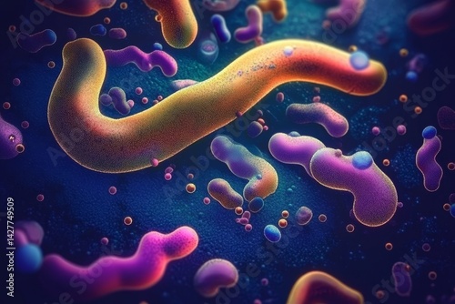 Vibrant Microbe Composition 3D Render of Colorful Bacteria, Microbial Art, Cell Biology Microscopy, Microbiology