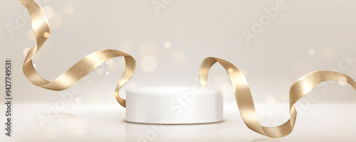 Golden ribbons around white podium. Shiny metallic curled strips, twisted spiral shapes with luxury ceremonial stage and festive decoration. Elegant flow wavy glossy element for product presentation.