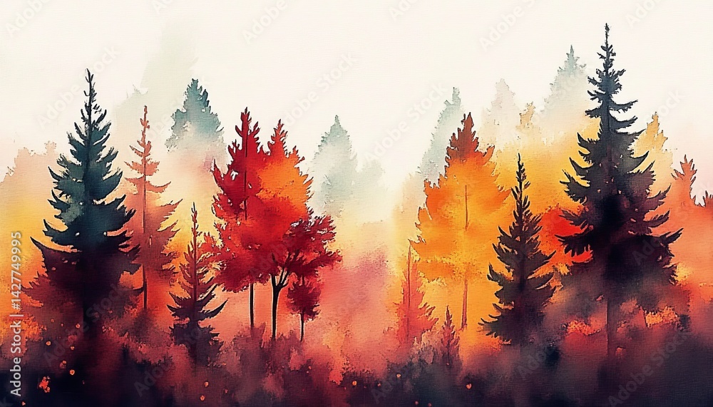 Watercolor Autumn Forest Silhouette Trees in Misty Landscape, Digital Painting, Fall Colors, Autumnal Scenery Autumn landscape, watercolor painting