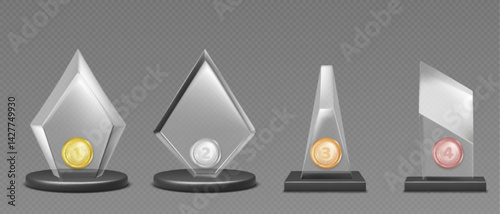 Transparent glass award with metallic medals, numbers and laurels set. Four places winners prizes realistic 3d vector. Shiny acrylic champion trophies with black bases. Glossy crystal reward plaques.