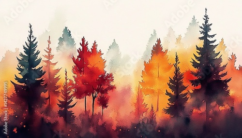Obraz na płótnie Watercolor Autumn Forest Silhouette Trees in Misty Landscape, Digital Painting, Fall Colors, Autumnal Scenery Autumn landscape, watercolor painting w salonie
