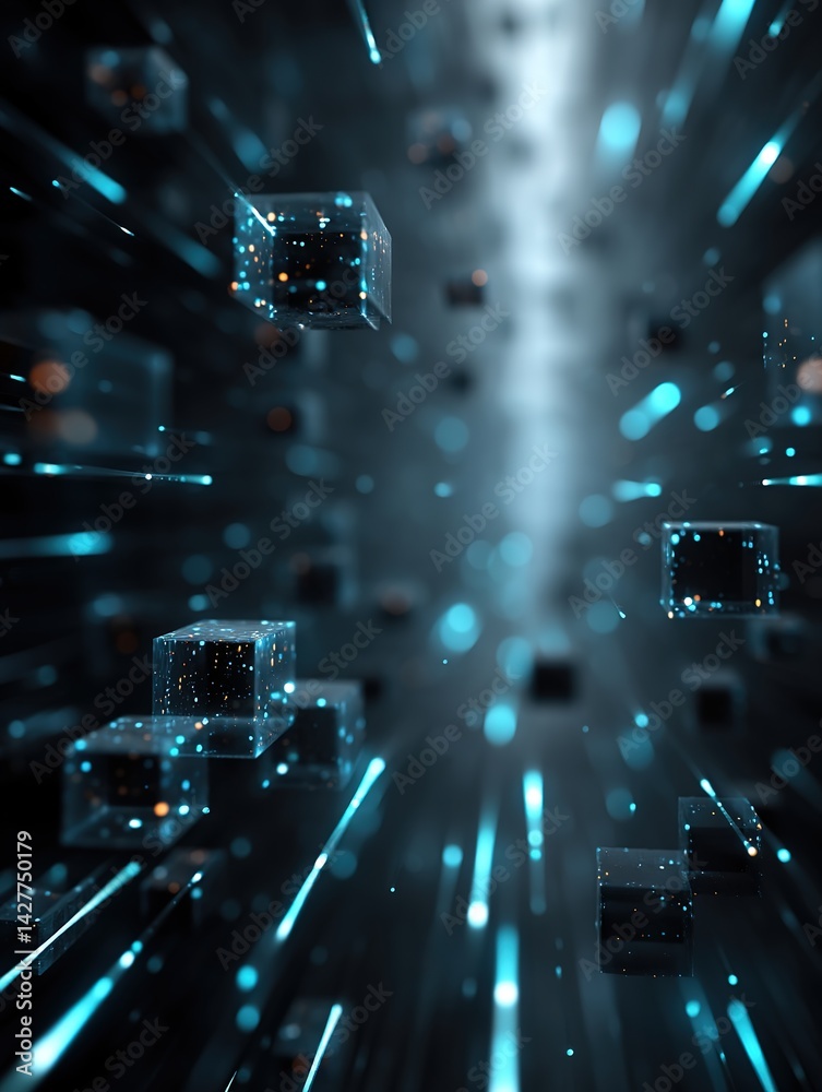 Fototapeta premium Abstract futuristic tunnel with glowing cubes and blue light streaks.
