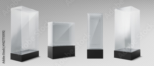 Glass displays set isolated on transparent background. Vector realistic illustration of 3d cube showcase for museum exhibition, gallery equipment, empty store box, plastic stand mockup on black podium