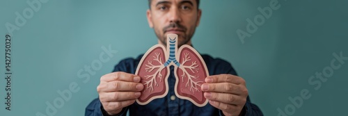 Man Holding Lung Illustration on Blue Background for World Asthma Day, Respiratory Health Awareness
