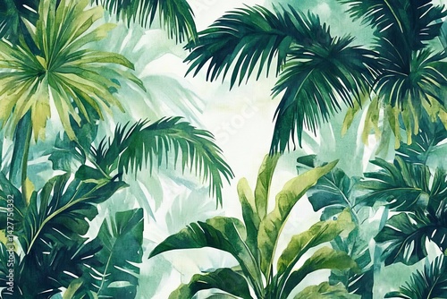 Watercolor Tropical Palm Leaves Composition Lush Green Foliage, Botanical Print, Jungle Escape, Canvas Texture Tropical, Botanical Print