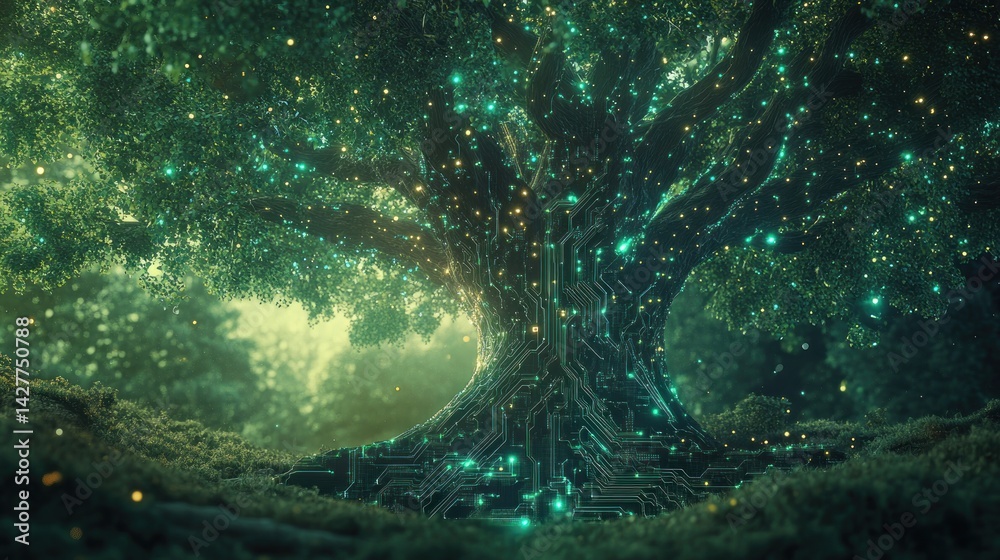 Obraz premium Mystical glowing tree with digital circuits