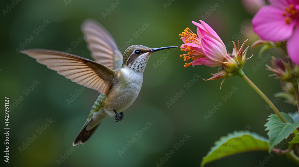 Fototapeta premium Hummingbird flying gracefully with its beak pointed towards a nectar-filled bloom