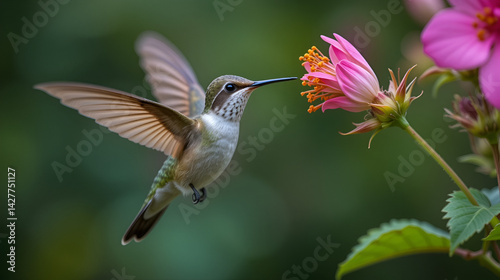Hummingbird flying gracefully with its beak pointed towards a nectar-filled bloom