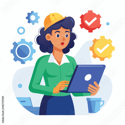 female engineer checks the program and discovers an error. Hand drawn style vector design illustrations vector