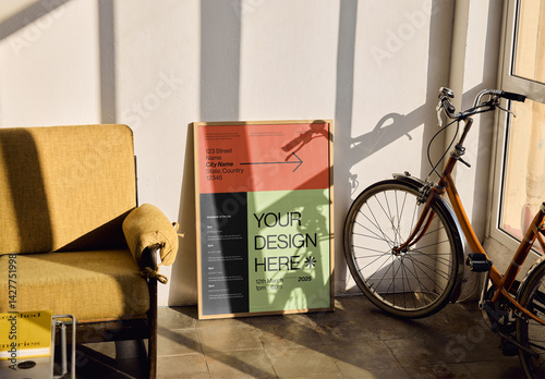 Mockup Of Customizable Framed Poster Leaning Against Wall