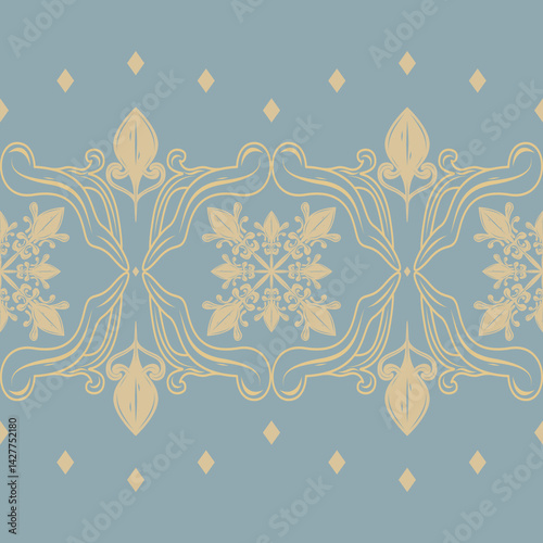 Delicate geometric florals buds royal gold stripe pattern on dusty pale blue background. Luxury border decorative filigree line drawing seamless design for elegant wallpaper heritage branding silk rug