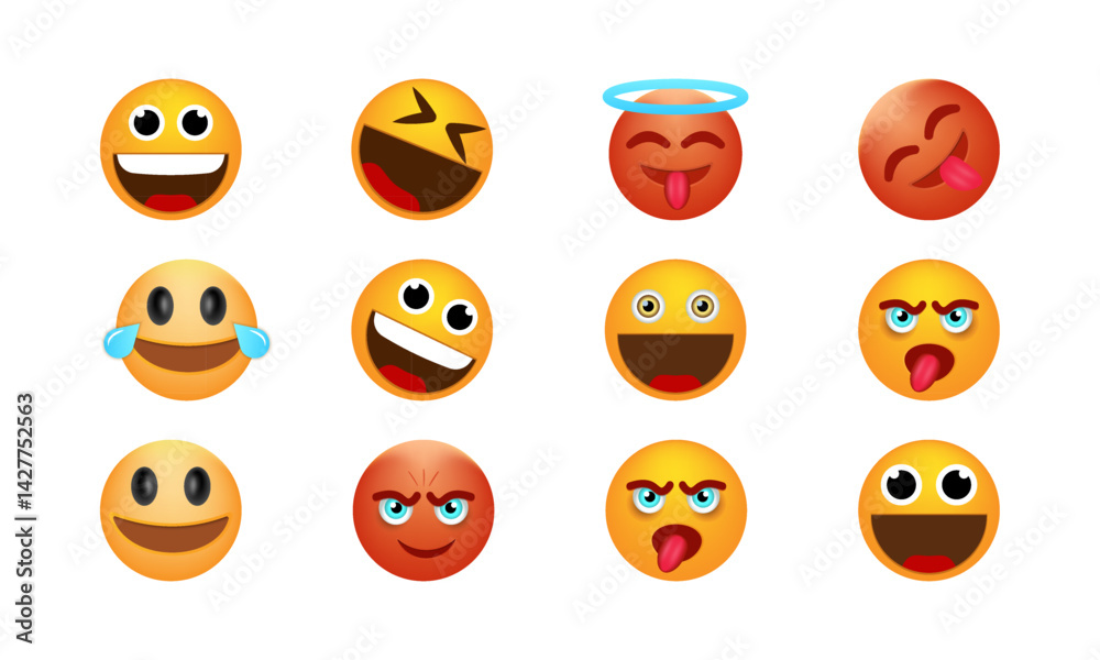 Set of emoticon smile icons. Emotional reactions to animated emojis. This vibrant set of expressive emojis brings a burst of personality and emotion to any digital content. Set of emoticon smile icons. Emotional reactions to animated emojis. This vibrant set of expressive emojis brings a burst of personality and emotion to any digital content.