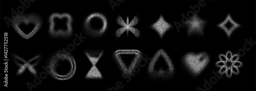 Noise shape y2k dotted icons set - heart and butterfly, circles and triangles, stars and hourglass. Grainy sand spray distressed grunge dusty speckled stipple textures form abstract fuzzy elements.
