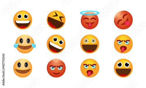 Set of emoticon smile icons. Emotional reactions to animated emojis. This vibrant set of expressive emojis brings a burst of personality and emotion to any digital content.