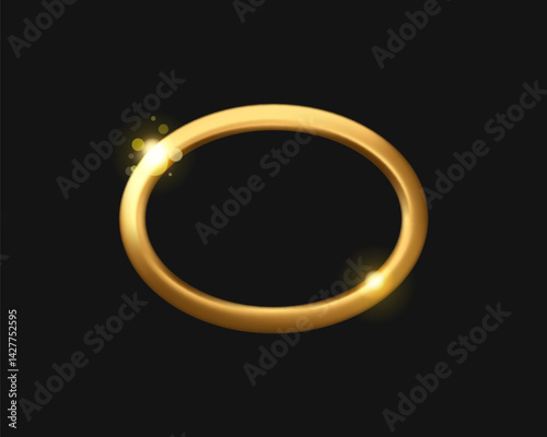 Golden realistic shining frame vector 3d icon. Gold metal oval circle on black background, thick border round award badge with place for text. Elegant bold design in ellipse shape