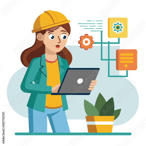 female engineer checks the program and discovers an error. Hand drawn style vector design illustrations vector