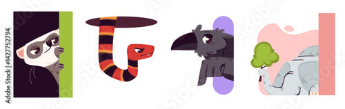 Peeking animal character illustrations - curious lemur, striped snake, peeping raven, hiding elephant. Cute stylized creatures partially visible behind colorful shapes. Playful funny cartoon mascots.