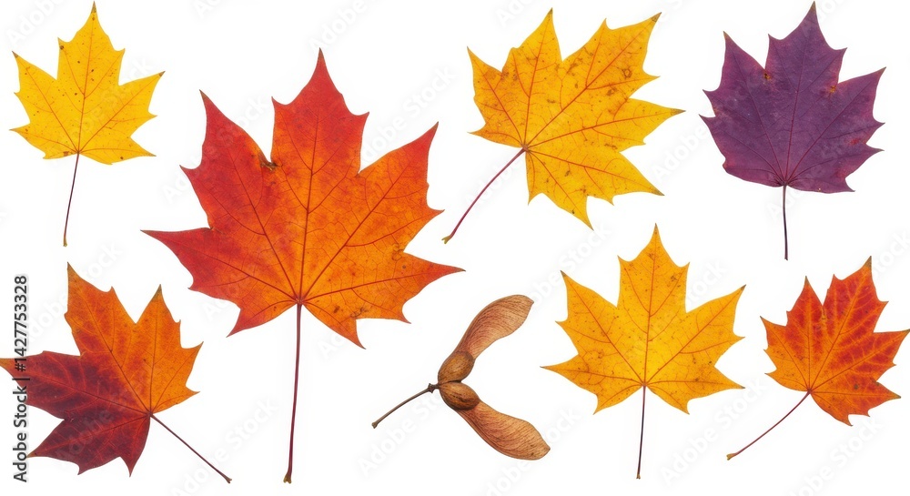Arrangement of colorful maple leaves and a seed pod on a white background in a flat lay style Arrangement of colorful maple leaves and a seed pod on a white background in a flat lay style