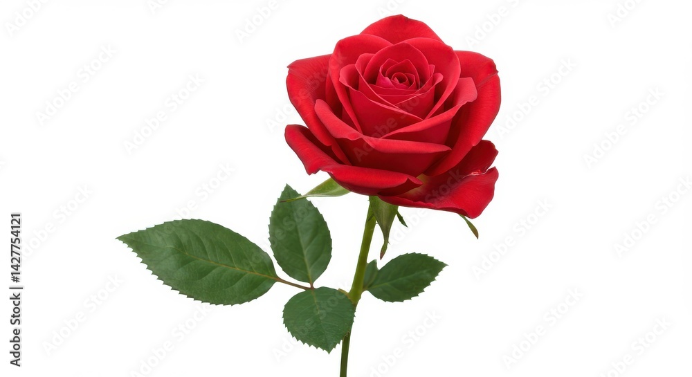 A single red rose with green leaves and stem isolated on a plain white background in full bloom A single red rose with green leaves and stem isolated on a plain white background in full bloom