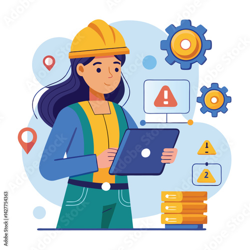 female engineer checks the program and discovers an error. Hand drawn style vector design illustrations vector