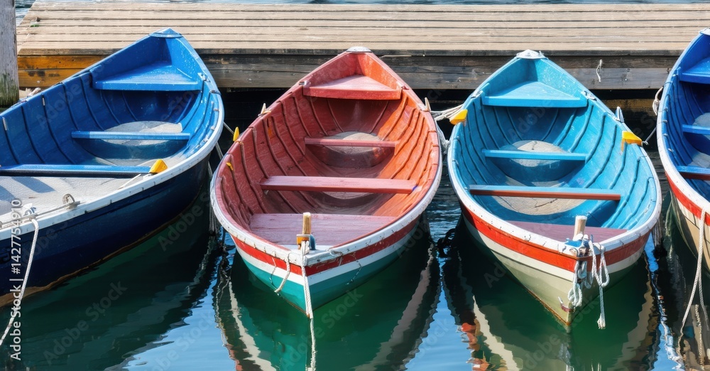 Obraz premium Row of colorful rowboats tied to weathered dock deep navy and bright silver symbolizing adventure and escape