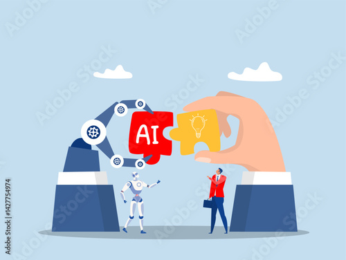 partnership, work together for success, agreement or negotiation, businessmen with ai or Artificial Intelligence robot on growth arrow joining connection agree to work together
